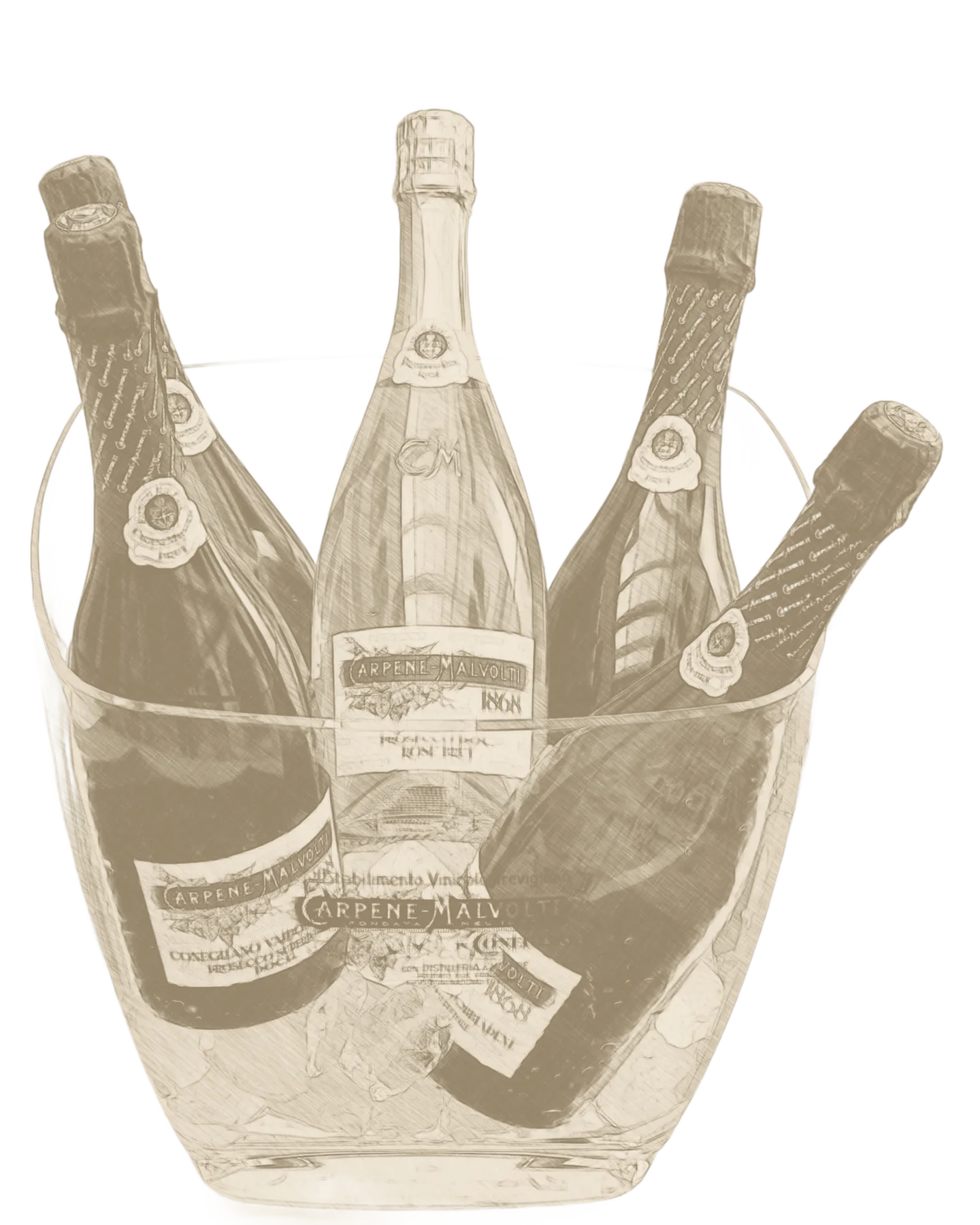 Secchiello con le bottiglie della linea 1868 Carpenè Malvolti: Brut, Extra Dry e Rosé