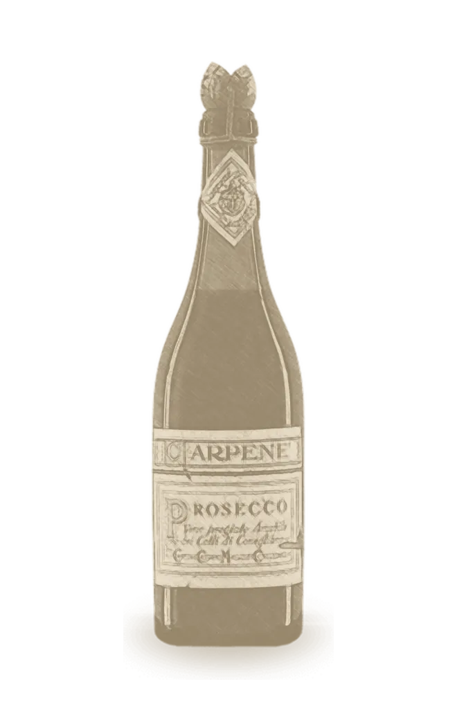 La bottiglia del primo Prosecco Carpenè Malvolti, del 1924, disegnata a matita